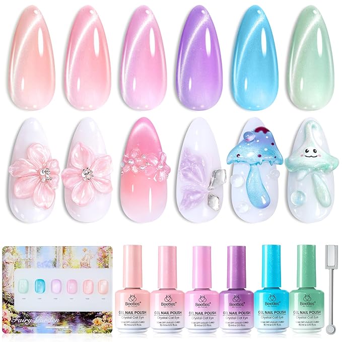 Beetles Fairy Garden Cat Eye Gel Nail Polish Set - 6 Colors 15ML Spring Gel Polish Kit Glitter Pink Purple Blue Orange Red Green Magnetic Effect Soak Off UV Nail Art DIY Manicure Gift for Women