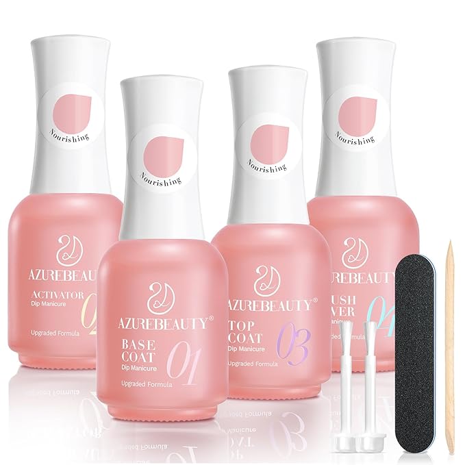 AZUREBEAUTY Dip Powder Liquid Set – Upgraded Care Formula, 4+4Pcs 15ml/0.5oz Base Coat, Activator, Top Coat & Brush Saver, Nail Strengthener with Keratin & Calcium, Low Odor DIY Home Salon