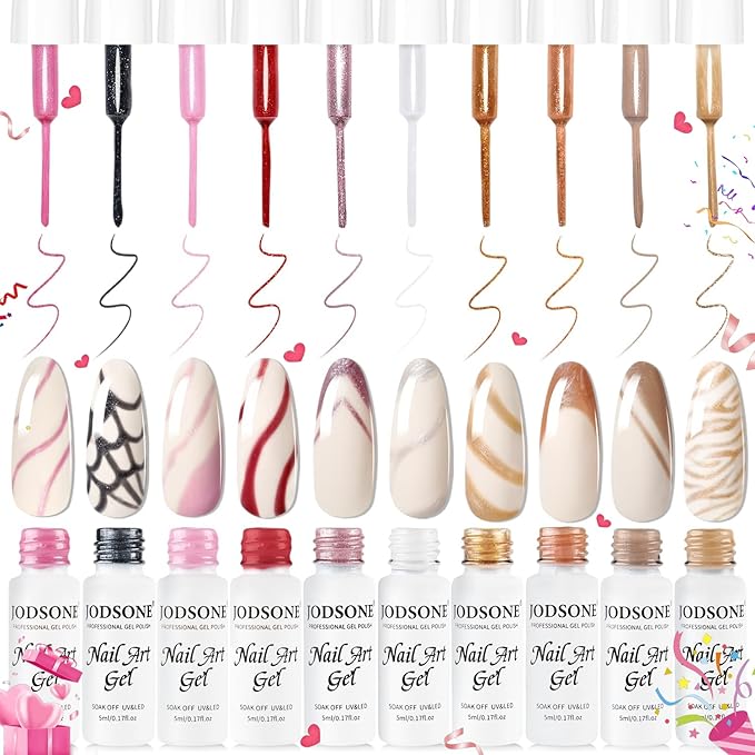 JODSONE Nail Art Gel Liner Set 10 Colors Glitter Red Black Pink Gel Nail polish Need U V Lamp Cured with Thin Brush at Home Salon Design,Valentines Gifts for Women