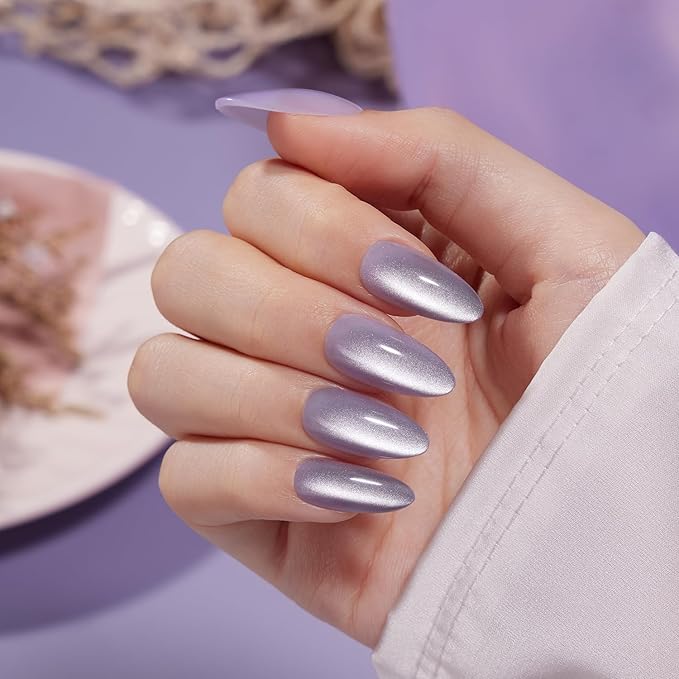 VSALON Press on Nails Medium Almond, Purple Holographic Cat Eye Glossy Jelly Chrome Fake Nails, Reusable False Nails with Nail Glue, Protector Cuticle Oil, Tabs & Nail File-32 PCS in 16 Sizes