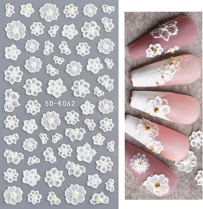 5D Embossed Flower Nail Art Stickers, 6 Sheets Self-Adhesive Nail Sticker Decals,Luxury Hollow Exquisite Pattern Spring Daisy Leaf Butterfly Lace Carving Design for Salon Home Acrylic Nail Decoration