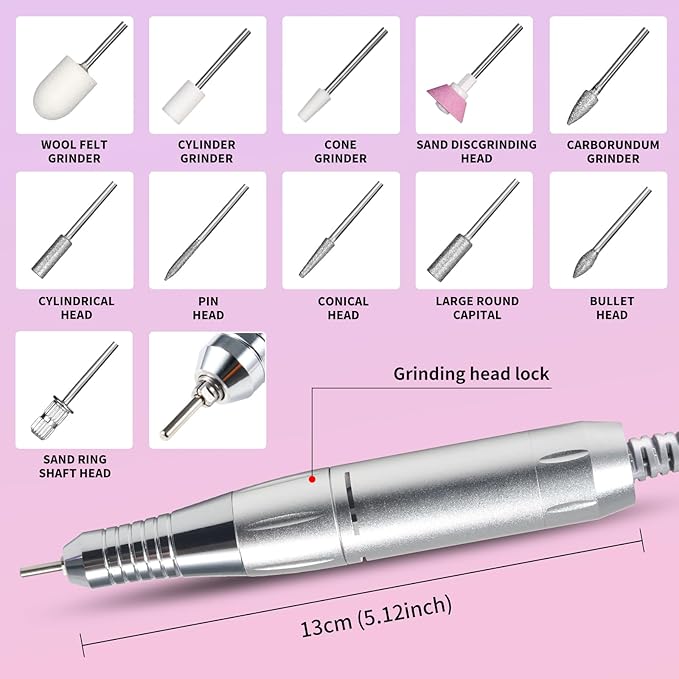 Professional Electric Nail Drill Kit 45000RPM with Bits and Base Pink Portable Rechargeable Cordless Nail E- File Machine for Acrylic Gel Powder Nails and Manicure Pedicure Toenail Tool Set