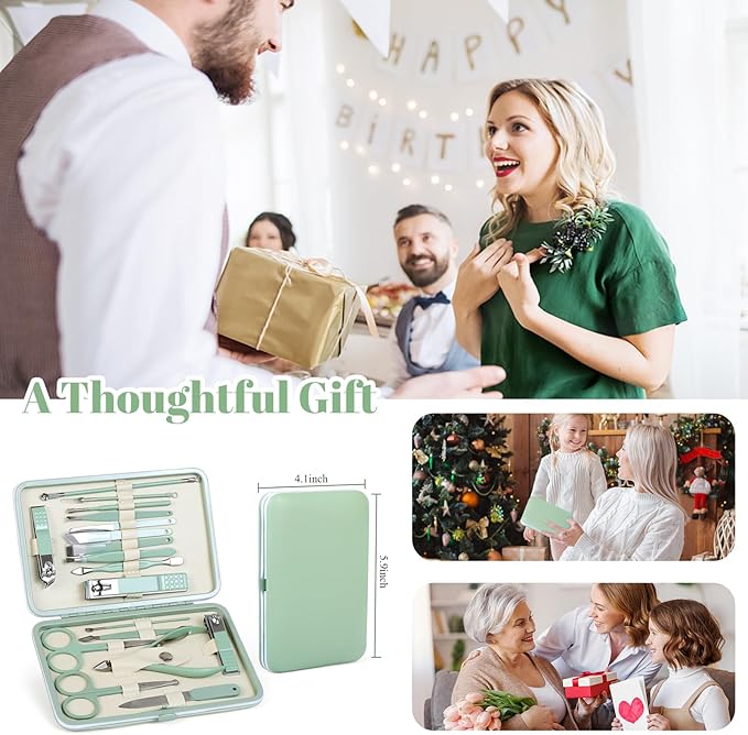 Manicure Set Pedicure Kit Nail Clippers Set Fingernail Clipper Set Ingrown Toenail Nail Kit Scissor Nail Trimmer Kit 18 Pieces Women and Men’s Care Grooming Tools with Fine Case (Tea Green_18 Pieces)