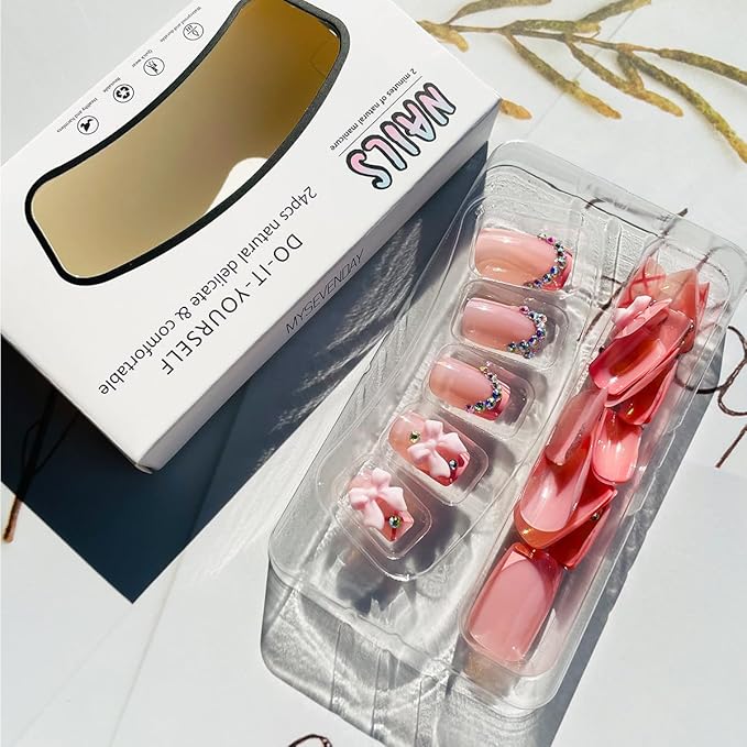 24Pcs Pink Bow Press on Nails Short Square Fake Nails French Tip Full Cover Glue on Nails with 3D Rhinestone Charms Design Bling Cute False Nails Glossy Acrylic Stick on Nails for Women Girls