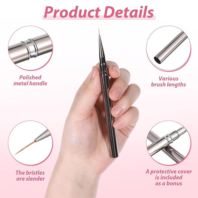 5 Pcs Liner Brushes for Nails Nail Art Brushes Detail Brush Dotting Painting Tools Thin Nail Art Brush for Gel Polish Long Lines Thin Details Fine Drawing, Sizes 6/9/12/15/18mm (Silver)