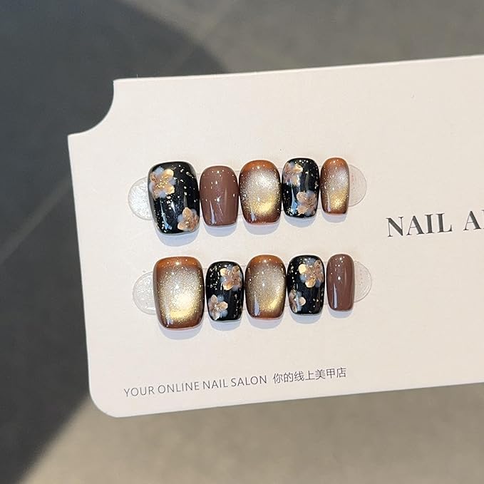 Short Square Press on Nails - Handmade Manicure Art Reusable False Nails 10pcs with Solid Nail Glue, Nail Adhesive Tabs, Strong Nail Glue (FGQH-Short)