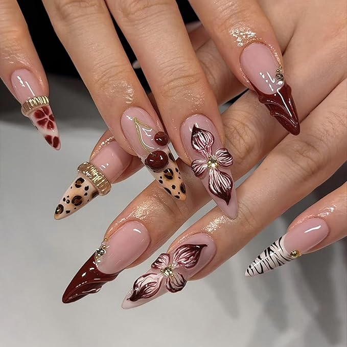 Almond Press on Nails Long Fake Nails Red Artificial Nail Seeneey Red Floral and Cherry Leopard Designs Cute Stick on Nail for Women 24pcs