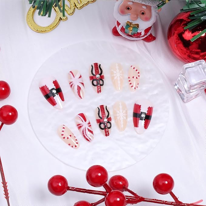 30Pcs Christmas Press on Nails Medium Almond Fake Nails Snowflake Candy Canes False Nails with Red and White Glitter Design Cute Winter Xmas Artificial Stick on Nail Full Cover Glue on Nails for Women