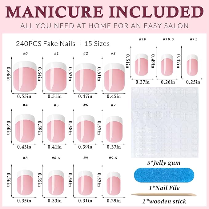 240PC White French Tip Press on Nails Short Fake Nails Press ons with 5*Adhesive Tabs, Pink Square Acrylic Nail Press on Nail French Tip Nails False Artificial Fingernails Stick on Nails-C