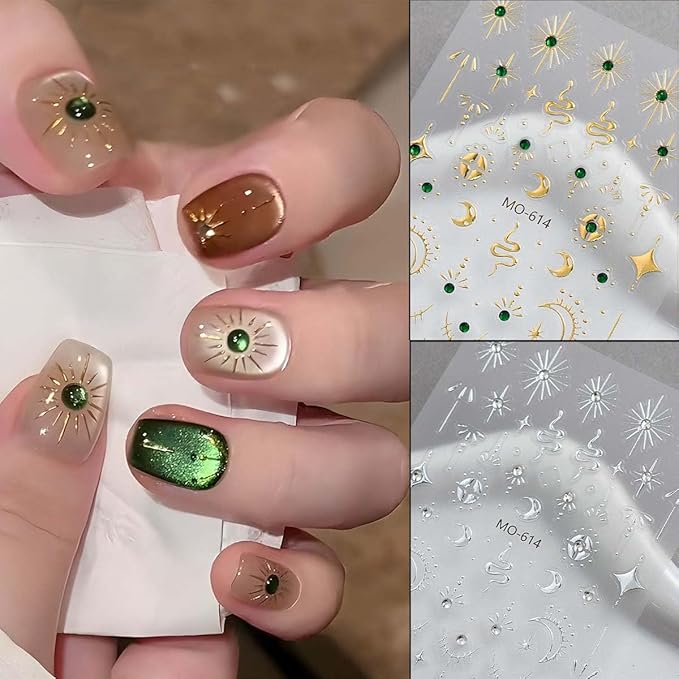 4 Sheets Boho Nail Stickers for Nail Art 5D Embossed Sun Moon Star Nail Decals Gold Silver Stickers with Bohemia Style Design,3D Self Adhesive Nail Art Supplies for Women,DIY Manicure Decor
