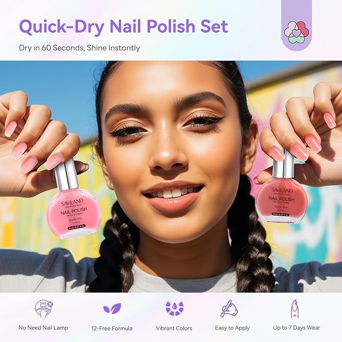 SAVILAND Jelly Nail Polish Set: 12 Colors Natural Nudes Pink Nail Sheer White Polish Air Quick Dry Fingernail Polish 12-Free Nail Lacquer DIY At Home Manicure Gift for Girls Women Christmas