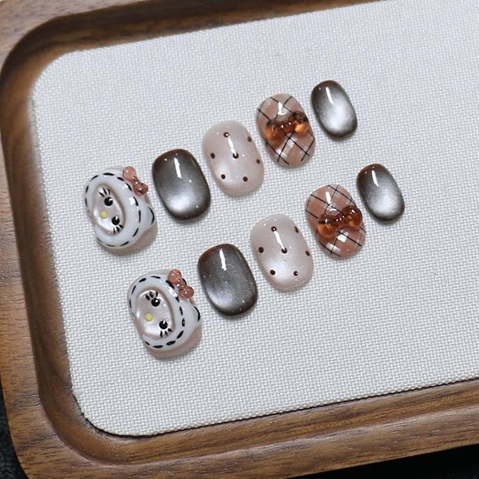 10 Short Oval Handmade Press On Nails | 3D Floral with Cat Eye Polka Dot & Sweet Bow details,Winter Styles | Skip Salon Trips, Easy to Apply & Remove, Reusable (251106A, S)