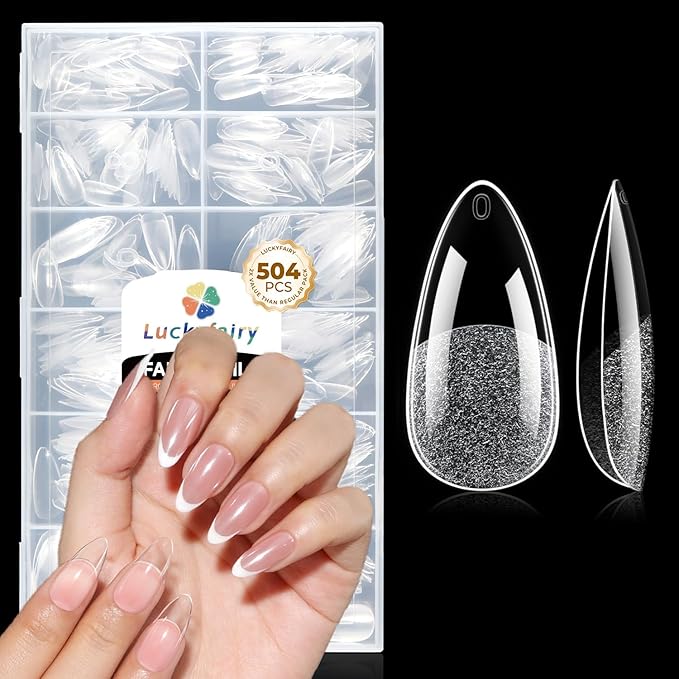 Medium Almond Nail Tips, 504pcs Soft Gel Pre-Filed Acrylic Almond Fake Nails, Half Matte Full Cover Clear Press on Flase Nail Tips for Nail Extension Home DIY 12 Sizes