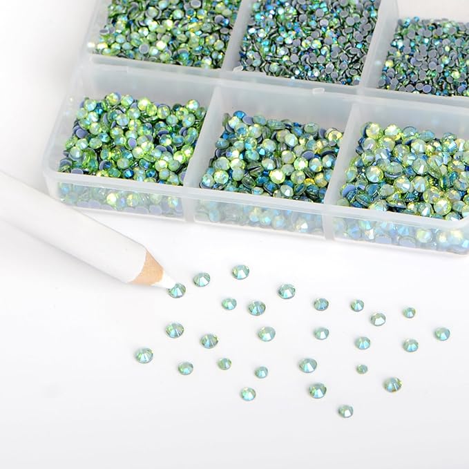 Bymitel Hotfix Crystal Rhinestones Round Gems for Crafts,Mixed 6 Sizes with Wax Pencil Kit, Peridot AB 1.3-3.2mm(SS3-SS12/8000pcs)