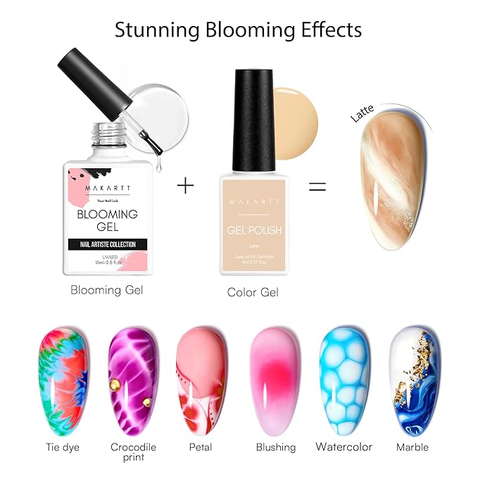 Makartt Clear Blooming Gel 15ml UV LED Soak Off Nail Art Polish for Spreading Effect Marble Nail Polish Gel Paint Nail Designs for DIY Color Flower Watercolor Magic Beauty Gift for Home or Salon Use