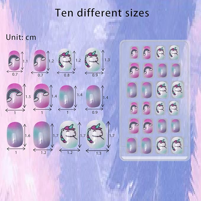 SIUSIO 120 Pcs 5 Pack Children Acrylic Fake Nails Press on Pre-glue Full Cover Glitter Gradient Color Rainbow Short False Nail Art Kits Set for Kids Little Girls - Unicorn Series