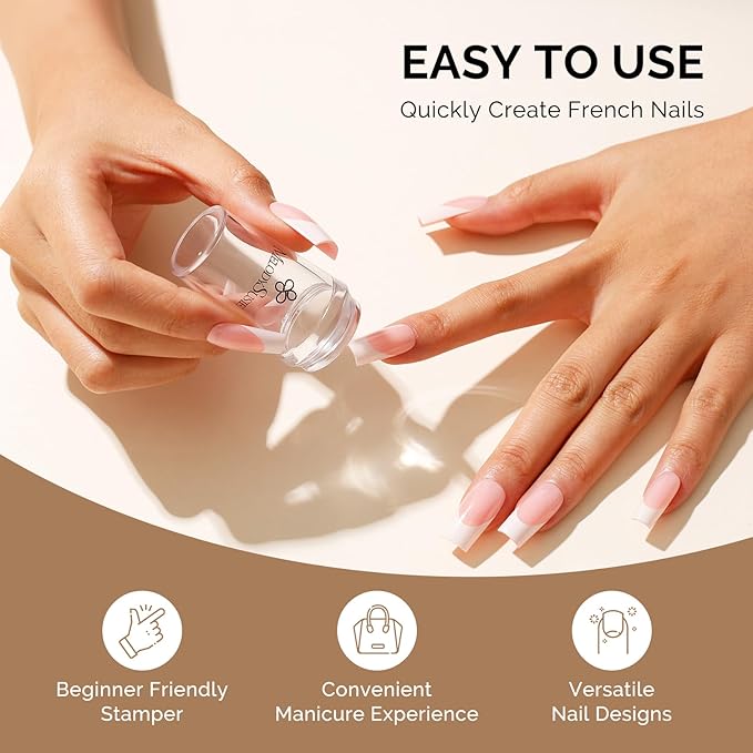 MelodySusie Nail Stamper Kit, Silicone French Tip Stamp Tool, 1PC Stamper, 1PC Scraper, 2PCS Stamping Plates, 2PCS Silicone Replaceable Heads for DIY Home French Manicure & Salon Art, Transparent