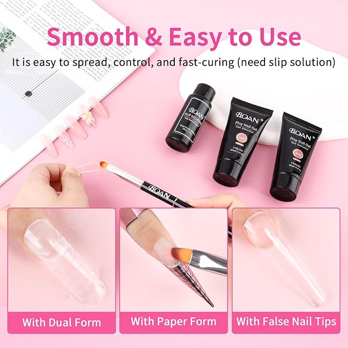 BQAN Poly Nail Gel, 2 Pcs Poly Extension Gel (30ml) with Slip Solution & Brush, for Long-Lasting Nail Extensions | Builder | Salon-Quality DIY & Home Use (Nude)