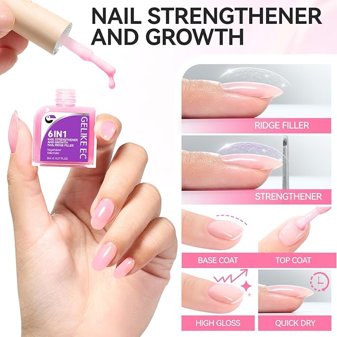 Nail Polish Strengthener and Growth Treatment: Pink Gelike EC 6 in 1 Natural Nail Hardener Extra Strong and Growth - Long Lasting Nail Repair for Damaged Nails - For Daily Work Home Salon