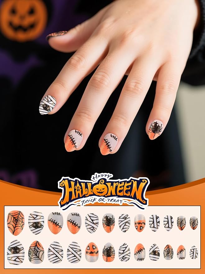 EBANKU Halloween Kid Press on Nails, 24Pcs Sparkle Almond Fake Nails Kit Full Cover Orange Web Cute Design Acrylic Nails with Nail Glue for Girl