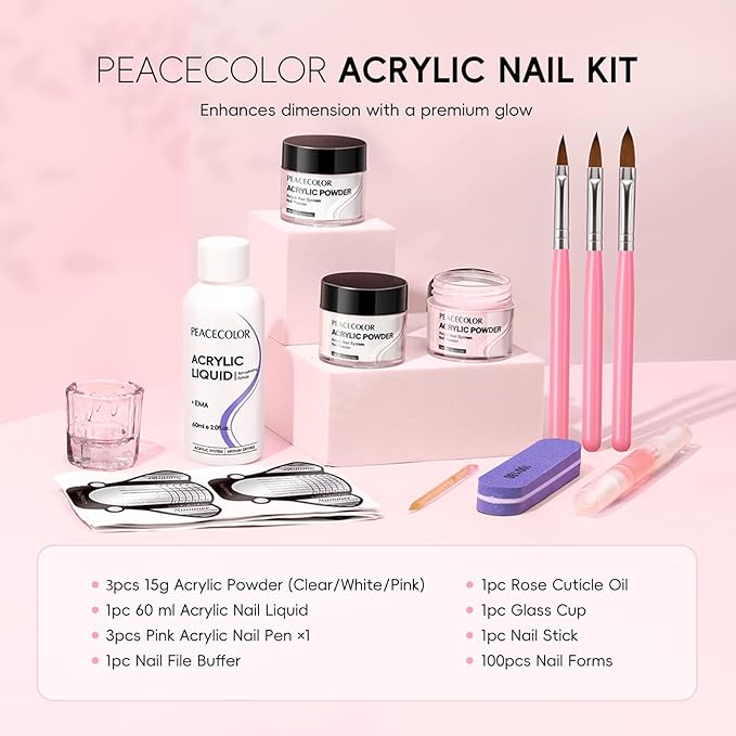 Peacecolor Acrylic Nail Kit ,Clear White Pink 15g Acrylic Powder and 60ml Liquid Set Brush Forms Cuticle Oil Pen Tools Manicure Nails Kit Acrylics Set for Beginners Gifts DIY Salon Home