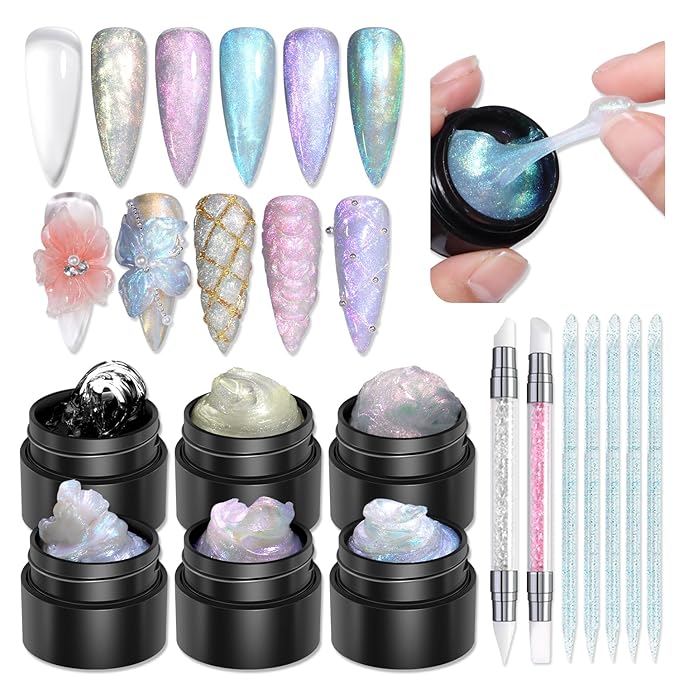 Solid Builder Gel for Nails, Aurora Purple Pink Blue and Clear 3D Nail Art Gel Non-Stick Hand Sculpture Hard Gels Extension Glue with Silicone Carving Pen Manicure DIY Salon Home