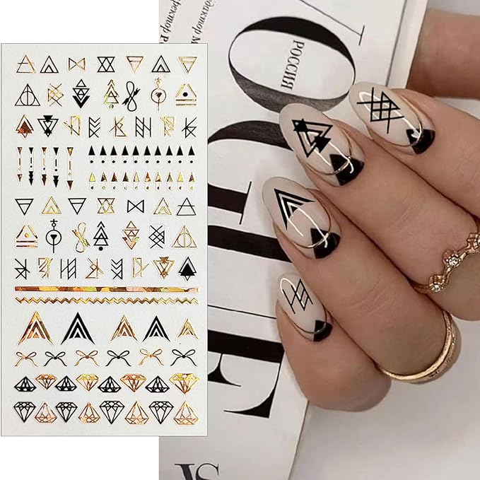 8 Sheets Geometric Nail Art Stickers, Black Gold Geometry Triangular Rhombus Minimalist 3D Design Self-Adhesive Nail Art Decals, DIY Manicure Decoration Supplies Accessories for Women Girls