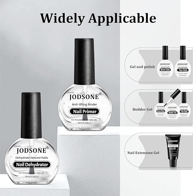 JODSONE 2Pcs 10ml Nail Dehydrate and Nail Primer Kit for U V Gel Nails Polish Professional Salons Set Superior Bonding DIY Art Design Long Lasting Gift