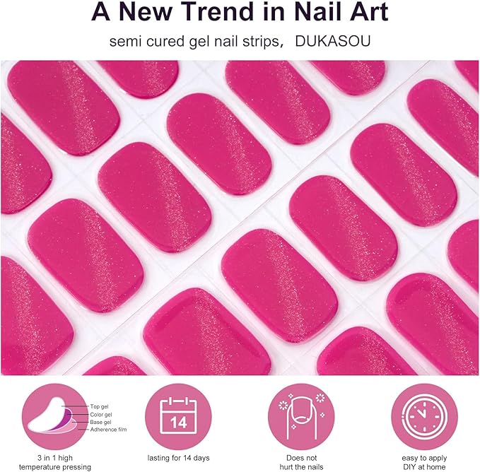 Semi Cured Gel Nail Strips,28 pcs Cat Eyes Gel Nail Stickers with UV Light Required,Long Lasting Nail Art Stickers, Easy to Apply（Rose red Cateyes