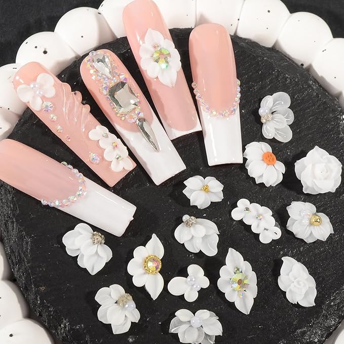 30PCS 3D Handmade Flower Nail Art Charms Advanced Handcrafted Cherry Blossom Flower Colorful Sculpted Floral Nails with Rhinestone Caviar Beads Design for Women Profession Nail Art Craft Jewelry