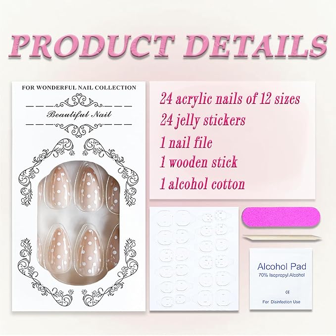 Press on Nails Medium Almond MABKJLF Fake Nails False Nails with White Polka Dots Designs Glossy Glue on Nail Reusable Full Cover Acrylic Nails for Women Girls 24Pcs