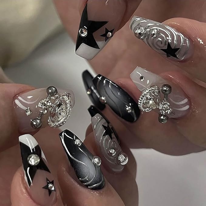 RTKHFZE Press on Nails Medium Coffin Fake Nails Black Gradient Acrylic Press on False Nails with y2k Planet Flash Diamond Artificial Press on Nails with Design Stick on Nails for Women