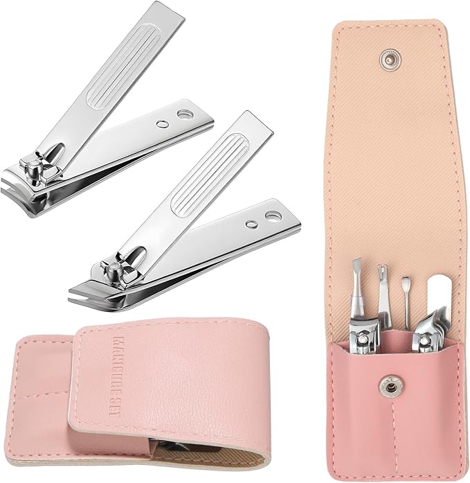 Nail Clipper Set Travel Manicure Kit for Women, 6 Pcs Stainless Steel Nail Kit with Storage Bag Includes Nails Clippers, Nails File, Eyebrow Tweezers, Ear Pick, Christmas Gifts for Women (Pink)