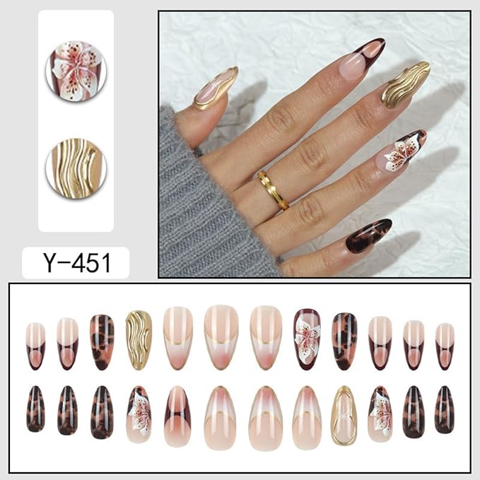 Medium Press on Nails Almond Fake Nails French False Nails Brown Artificial Nails with Gold Charm Designs 3D Flowers Handmade Nails Floral Stick on Nails for Women 24pcs