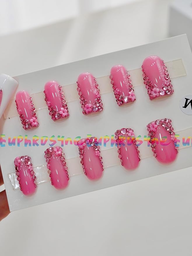 10PCS Hot Pink Rhinestone Press On Nails – Long Coffin Fake Nails with Full Crystal Borders, Glossy Reusable Sparkly Nails for Women and Girls – Euphrosyne