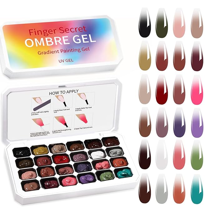 24 Colors Ombre Gel Nail Polish Set,Ombre Pigment for Nails,Gradient Painting Blooming Gel with 100Pcs Nail Sponges for 3D Gels Nail Art can be Painted in Salon or Home Use