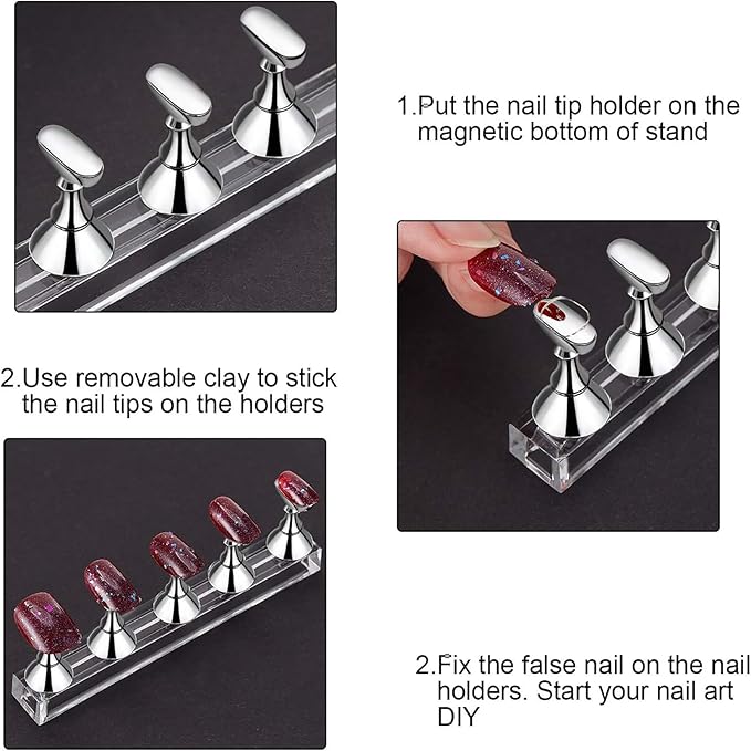 Blulu 2 Sets Nail Stand for Press on Acrylic Nails Display Practice Magnetic Fake Nail Holder for Painting Nails for False Fingernail Manicure Tool Home DIY Salon Supplies(Gold and Silver)