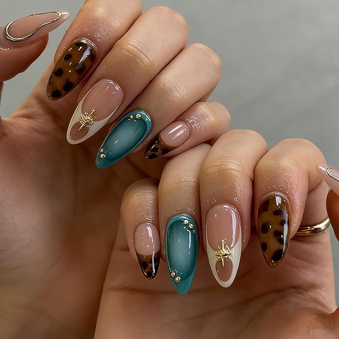 Press On Nails Medium Almond MABKJLF French Tip False Nails with Designs Leopard Print Cheetah Print Embossed Swirl Glossy Glue on Acrylic Nails for Women Girls 24 Pcs