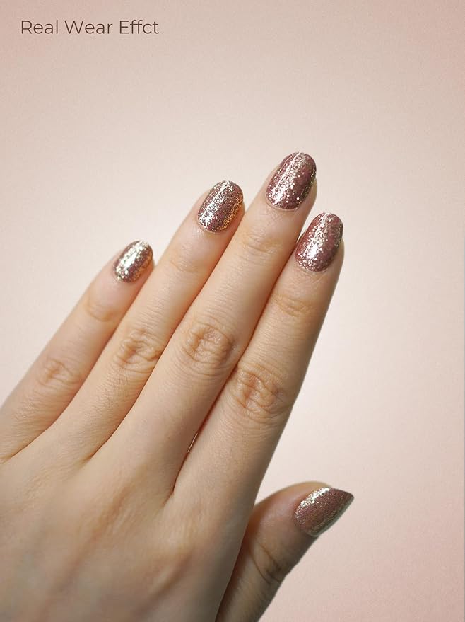 Real Gel Nail Strips (No UV Light Needed) - 44Pcs Salon Quality Nail Stickers - Long Lasting Polish Wraps for Women, Easy Apply & Remove (Liquid Shimmer Gold)