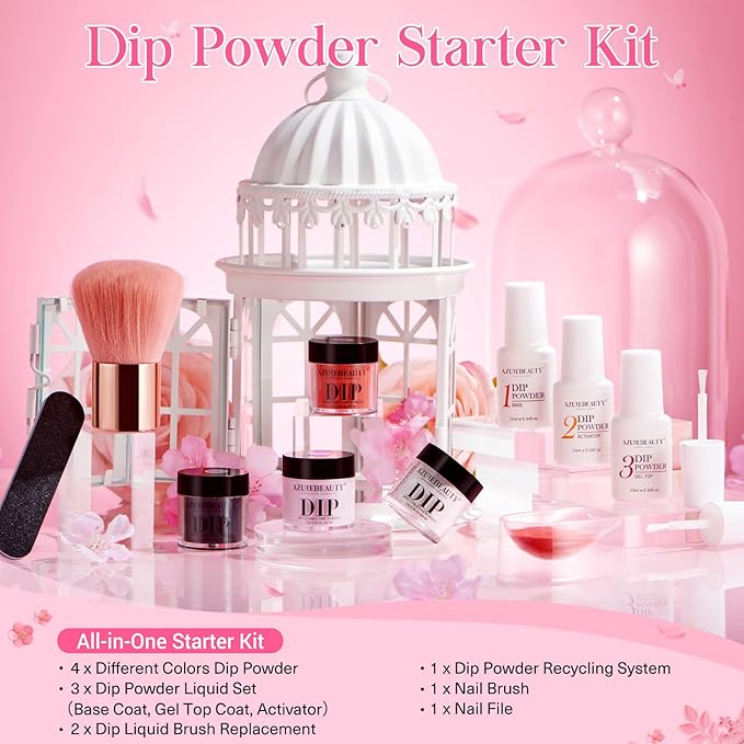 AZUREBEAUTY Dip Nails Powder Starter Kit, 4 Colors Pink Red Black Clear Valentine's Day Dipping Powder System Liquid Set Recycling Tray with Base & Top Coat Activator Manicure Kit for Gift.