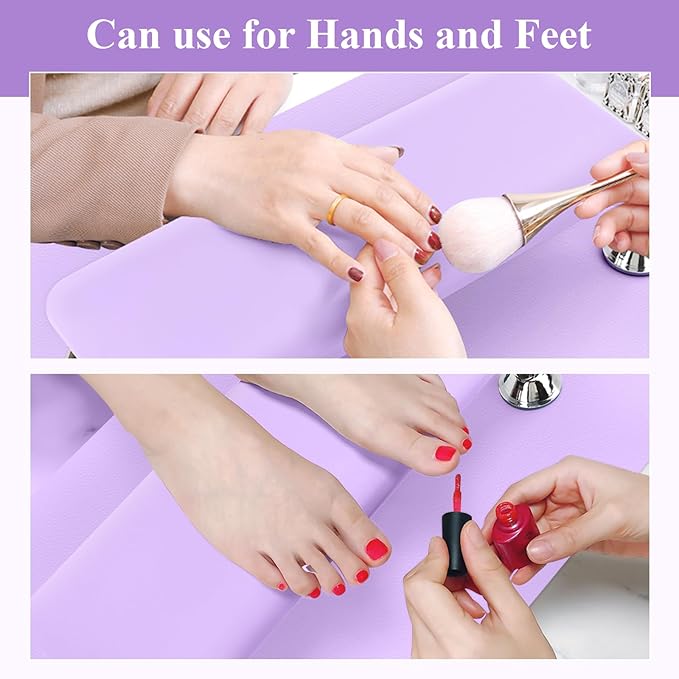 Nail Arm Rest for Acrylic Nails with Nail Table Mat, Microfiber Leather Nail Hand Rest Cushion for Nails, Soft Hand Pillow Footstool with Foldable Nail Art Hand Rest Pad for Nail Tech Use (Purple)