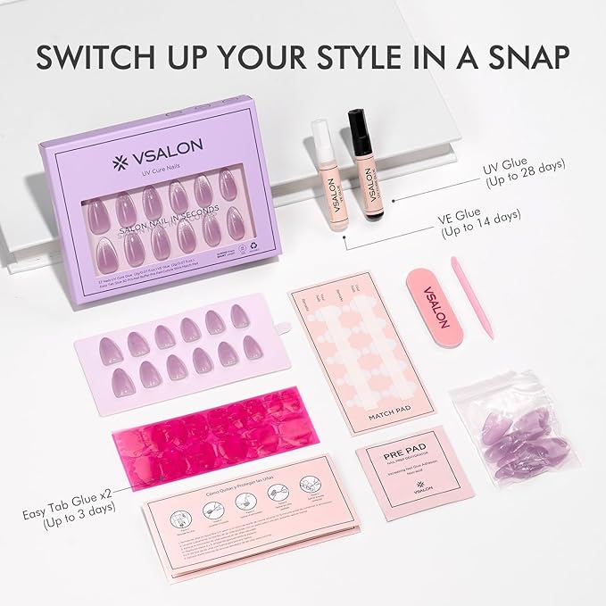 VSALON Press On Nails Short Almond, Light Purple Cat Eye French Tip Fake Nails, Semi-transparent Reusable Stick On False Nails, 32 Pcs in 16 Sizes with UV Glue Nails Kit, Valentines Gift for Women