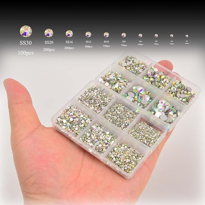 NCB 8000pcs Non Hotfix Rhinestones 10 Sizes Flatback Crystal Glass Rhinestones with Tweezers and Picking Pen for Nail Art Clothes Bags Phone Decorations Crafts DIY (001ab Crystal AB Mix SS3-SS30)