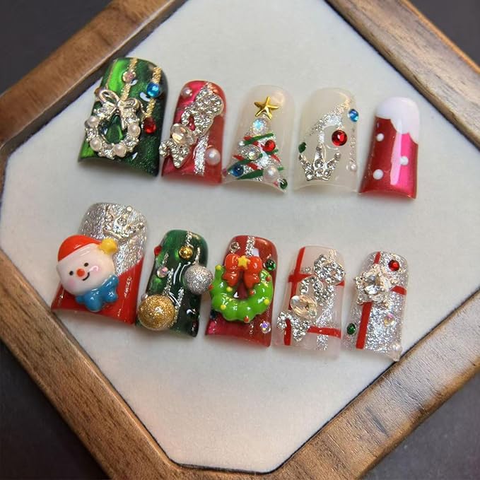 10 Pcs Handmade Press On Nails Medium Duck False Nails 3D Garland with Cute Rhinestone Decor Star Christmas Tree Design New Styles for Autumn Winter Easy to Apply Remove Reusable Glue on Nail(M)