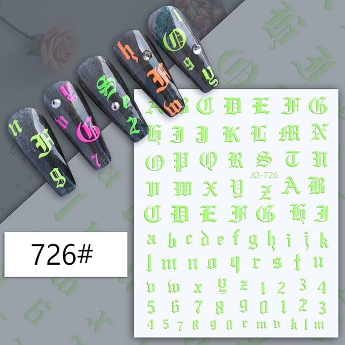 12 Colors Old English Nail Art Stickers, 3D Letters Self-Adhesive Sticker Design, Laser Gold Silver Red Black White Pink Yellow Green Alphabet Nail Transfer Decals for Women Manicure Decorations