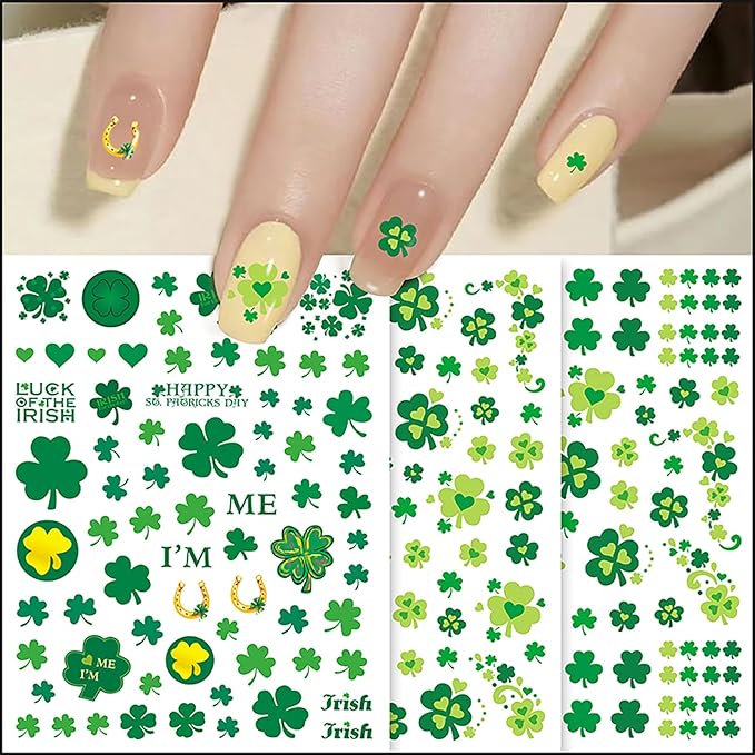 6 Sheet St. Patrick’s Day Nail Stickers – Irish Shamrock Green Clover Carnival Festival Fake Nail Decals 3D Self-Adhesive for Women Girls Summer Holiday Nail Art Decorations