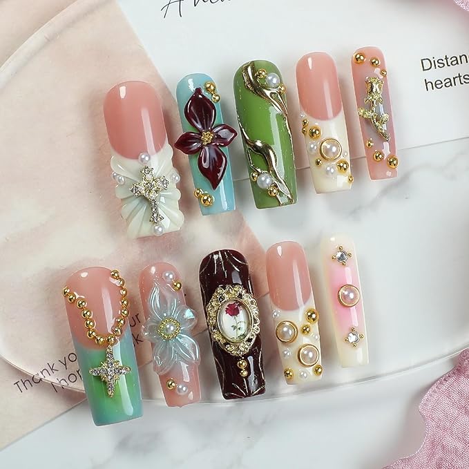 Handmade Press on Nails Long Square Fake Nails Luxury Pearl Rhinestone & 3D Flower Art Designs Salon Quality Acrylic Nails French Tip Gold Rose Steel Ball False Nails Stick on Nail for Women（Size M)