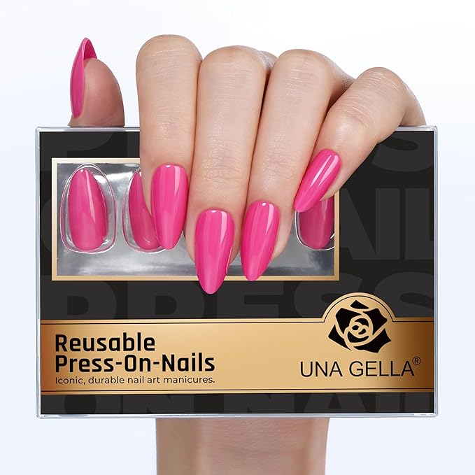 UNA GELLA Soft Gel Press on Nails - 32Pcs 16 Sizes Hot Pink Almond Fake Nails, Glossy Reusable Glue on Nails for Women, Durable Long Artificial False Nails Kit for DIY Manicure