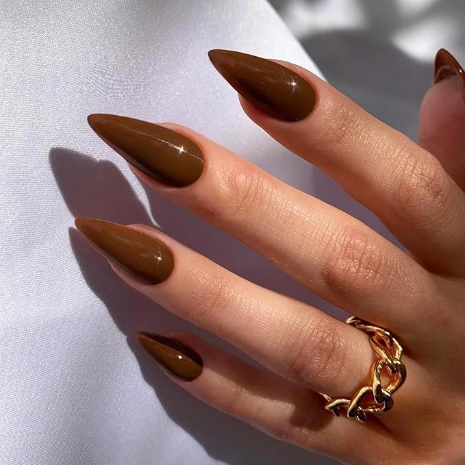 Light Brown Press on Nails Almond Shaped 48Pcs Neutral Thick Fake Nails for Women, Medium Almond Nails Press on Reusable Acrylic Nails Glue on Medium Length Stiletto False Nails Gel Artificial Nails