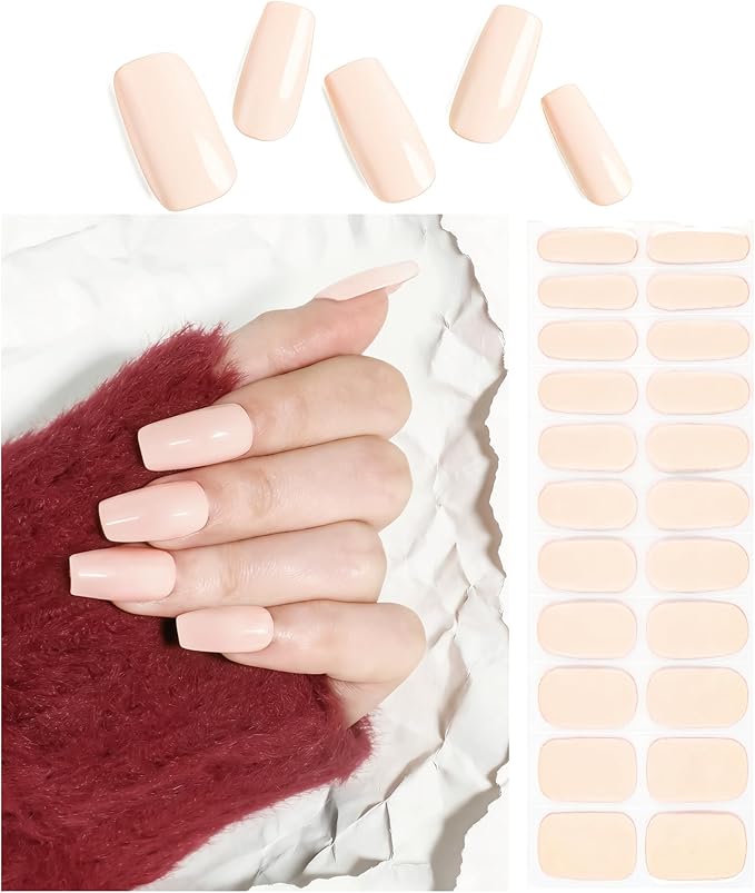 Semi Cured Gel Nail Strips Pink Solid Gel Nail Stickers with UV/LED Required Long Lasting Gel Nail Stickers Includes 22 Strips 2 Prep Pads, Nail File & Wooden Stick